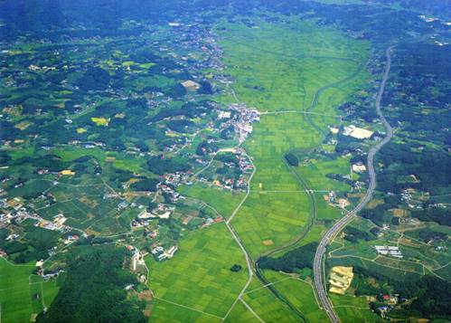 円田一・二期ほ場整備地区の航空写真