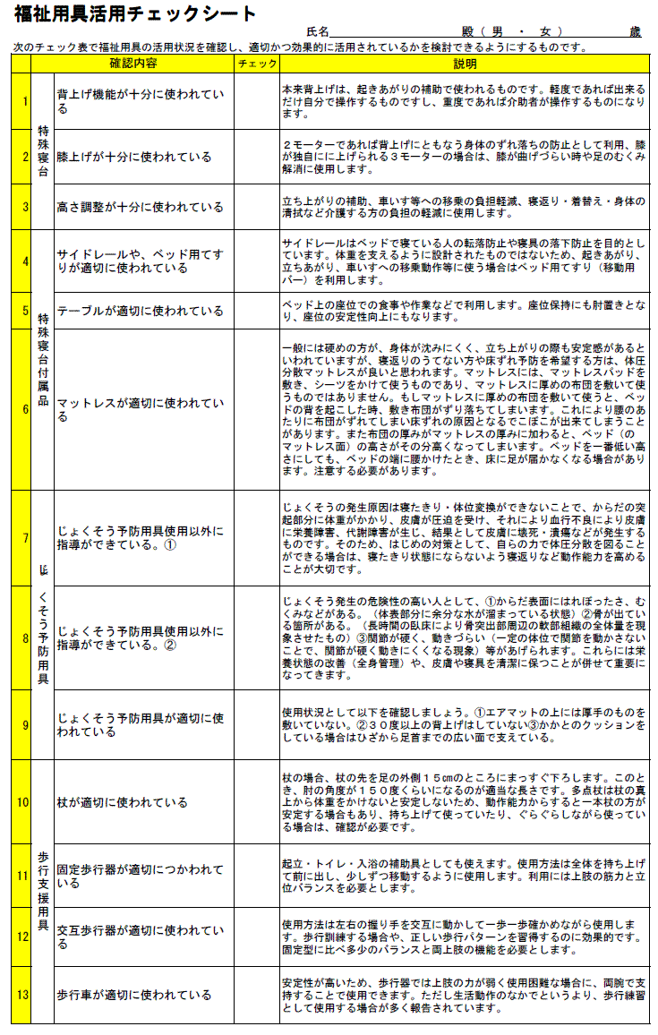 福祉用具活用チェックシートの画像