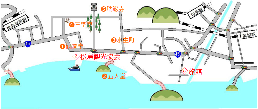 観瀾亭,五大堂,水主町,三聖堂,瑞巌寺の場所が記載されている松島の地図画像