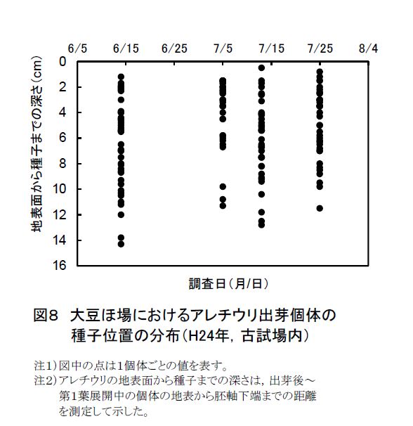 図8大豆ほ場におけるアレチウリ出芽個体の種子位置の分布