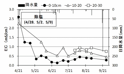 除塩後の層位別ECの動態（水稲）グラフ
