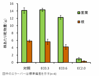 塩害土壌がイチゴの地上部乾物重に及ぼす影響（埴土）グラフ