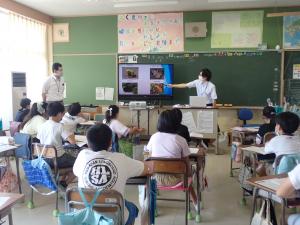 生き物の話に目を輝かせています