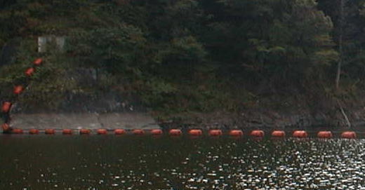 ダム湖流木止めの遠くから撮った写真です