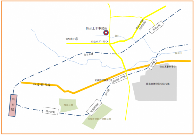 仙台土木事務所最寄り駅からの位置図です