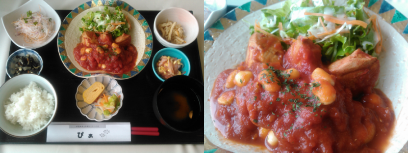 レストランぴぁで提供されたお魚とおやさいのランチメインはカツオのトマト煮