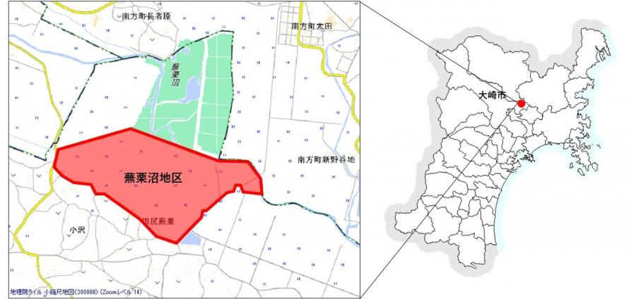 大崎市東部に位置する蕪栗沼地区の位置図