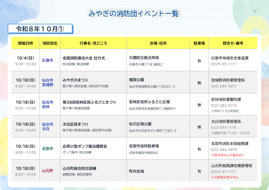 みやぎの消防団イベント一覧（令和8年10月①）
