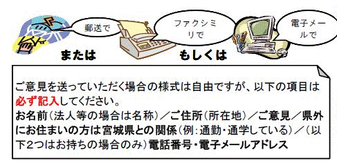 郵送またはファクシミリもしくは電子メールでご意見を受け付けております。ご意見を送って頂く場合の様式は自由です。しかし,お名前・ご住所・ご意見・県外にお住まいの方は宮城県との関係(通勤・通学など),電話番号,電子メールアドレスは必ず記入してください。